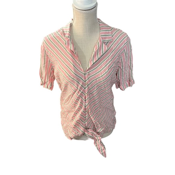 Kut from the Kloth Women Pink & Green Striped Tie Front Tie Sz Med Button-Front - Picture 1 of 11